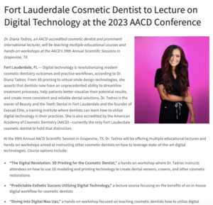 Fort Lauderdale cosmetic dentist Diana Tadros, DDS will teach multiple courses on digital dentistry at the 2023 AACD Conference